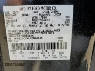 2010 Ford F-150 XL z VIN 1FTEX1CW6AFB80915, wystawiony jako Copart lot #57243395 z przebiegiem Nie podano mil oraz Nie do naprawy • Non repairable. Historia ofert i sprzedaży dostępna na DreamBid. Obrazek 12.