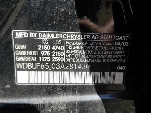 2003 Mercedes-Benz E-Class 3.2L with VIN WDBUF65J03A281430, listed as a Copart auction lot 77086054 with 121,080 mi miles and Salvage Title. Bid and sale history available at carsss.com. Image 14.
