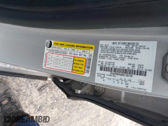 2019 Ford Fusion Titanium with VIN 3FA6P0K96KR120749, listed as a IAAI auction lot 40737085 with 118,376 mi miles and . Bid and sale history available at DreamBid. Image 9.