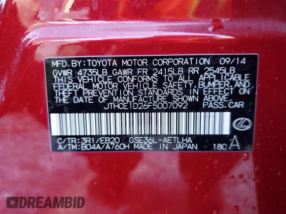 2015 Lexus IS 350 with VIN JTHCE1D26F5007092, listed as a Copart auction lot 42091245 with 70,986 mi miles and Salvage Title. Bid and sale history available at DreamBid. Image 12.