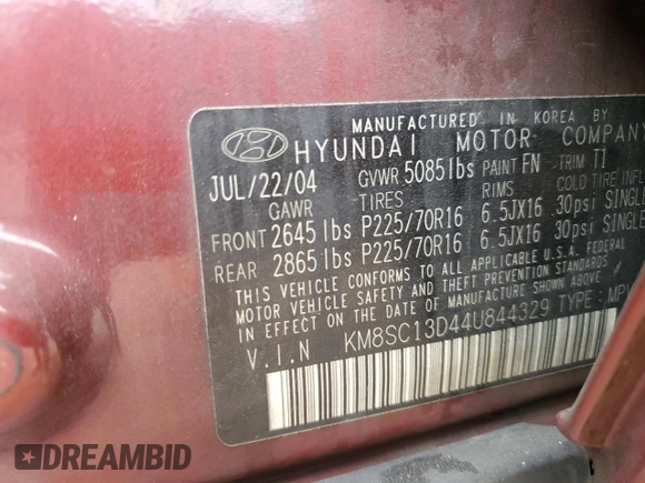 2004 Hyundai Santa Fe GLS with VIN KM8SC13D44U844329, listed as a Copart auction lot 72282944 with 209,430 mi miles and Salvage Title. Bid and sale history available at carsss.com. Image 15.