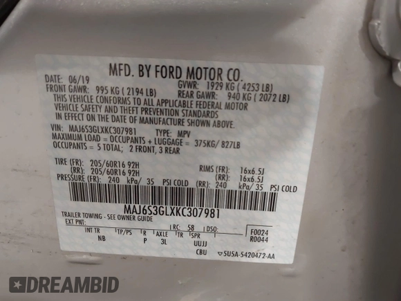 2019 Ford EcoSport SE with VIN MAJ6S3GLXKC307981, listed as a IAAI auction lot 41915801 with 31,998 mi miles. Bid and sale history available at carsss.com. Image 9.