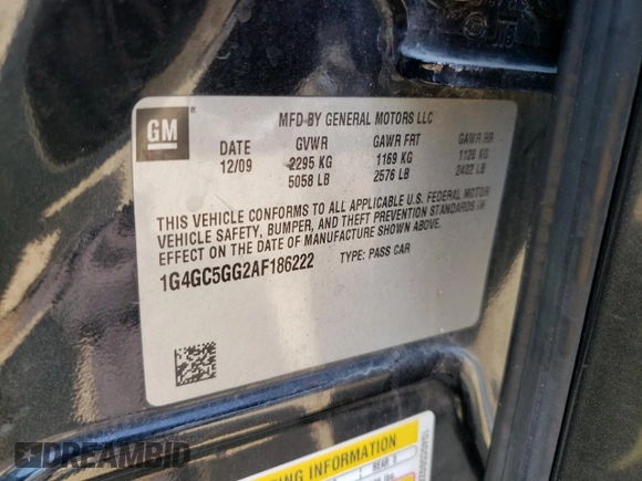2010 Buick LaCrosse CXL with VIN 1G4GC5GG2AF186222, listed as a Copart auction lot 59013855 with 176,452 mi miles and Clean title. Bid and sale history available at DreamBid. Image 12.
