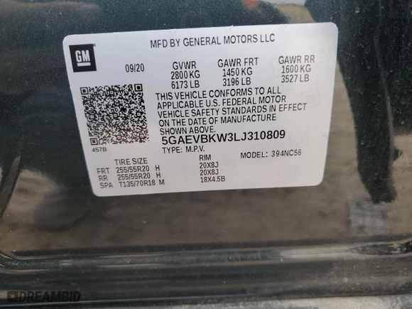 2020 Buick Enclave Premium with VIN 5GAEVBKW3LJ310809, listed as a Copart auction lot 50612935 with 50,654 mi miles and Salvage Title. Bid and sale history available at carsss.com. Image 13.