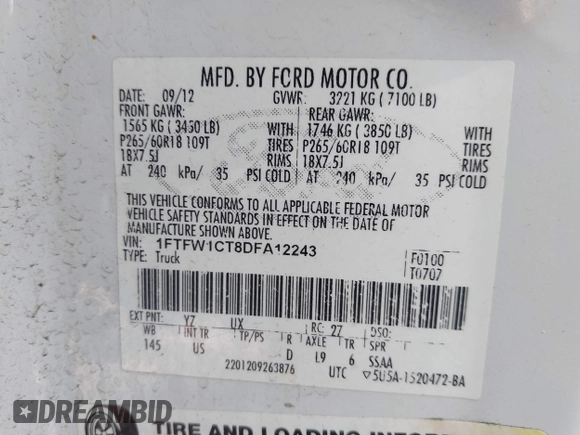 2013 Ford F-150 XL with VIN 1FTFW1CT8DFA12243, listed as a IAAI auction lot 42133425 with 240,282 mi miles and . Bid and sale history available at DreamBid. Image 9.