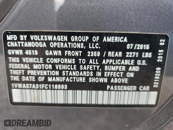 2015 Volkswagen Passat S with VIN 1VWAS7A31FC116893, listed as a Copart auction lot 51639775 with 15,500 mi miles and Clean title. Bid and sale history available at DreamBid. Image 12.