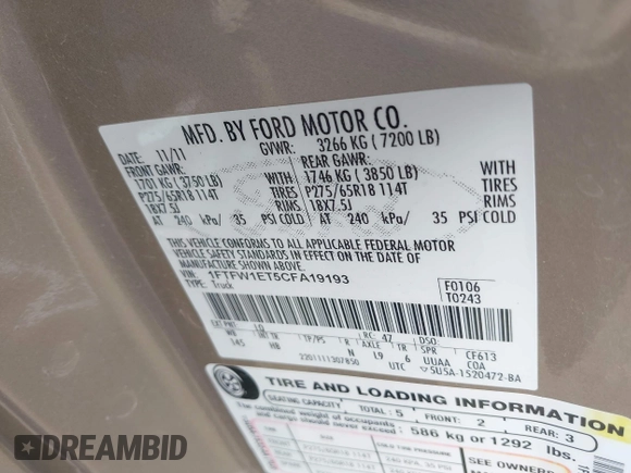 2012 Ford F-150 XL with VIN 1FTFW1ET5CFA19193, listed as a IAAI auction lot 42234928 with 179,348 mi miles and . Bid and sale history available at DreamBid. Image 9.