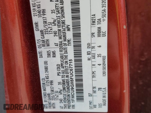 2015 Ford Escape SE with VIN 1FMCU9GX6FUC67715, listed as a Copart auction lot 73495244 with 184,183 mi miles and Salvage Title. Bid and sale history available at DreamBid. Image 13.