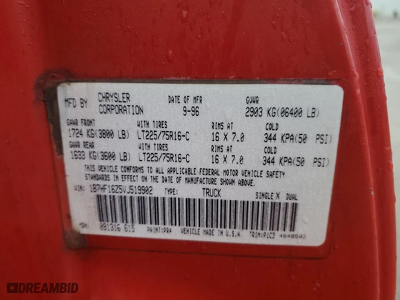 1997 Dodge Ram 1500 with VIN 1B7HF16Z5VJ519902, listed as a Copart auction lot 86356134 with 191,147 mi miles and Salvage Title. Bid and sale history available at carsss.com. Image 14.
