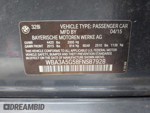 2015 BMW 3 Series 328i с VIN WBA3A5G58FNS87928, выставлен на аукционе IAAI как лот 42392498 с пробегом 108 697 миль миль и . История ставок и продаж доступна на DreamBid. Изображение 9.