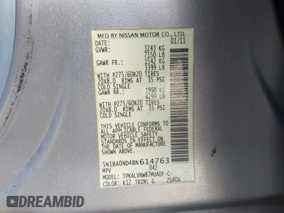 2011 Nissan Armada SV with VIN 5N1BA0ND4BN614763, listed as a IAAI auction lot 41590417 with 154,860 mi miles and . Bid and sale history available at DreamBid. Image 9.