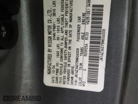 2005 Nissan 350Z Enthusiast with VIN JN1AZ34D75M604009, listed as a Copart auction lot 85801294 with 0 mi miles and Non Repairable. Bid and sale history available at carsss.com. Image 12.