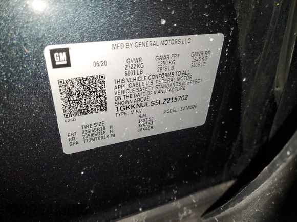2020 GMC Acadia SLT with VIN 1GKKNULS5LZ215702, listed as a Copart auction lot 45477075 with 60,349 mi miles and Salvage Title. Bid and sale history available at DreamBid. Image 13.