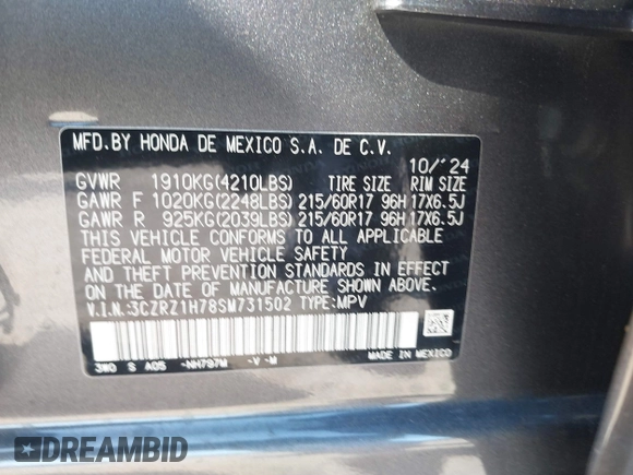 2025 Honda HR-V EX-L with VIN 3CZRZ1H78SM731502, listed as a IAAI auction lot 41447726 with 3,719 mi miles. Bid and sale history available at carsss.com. Image 9.