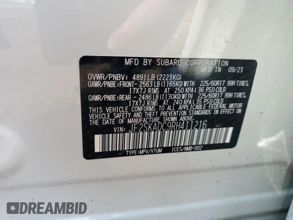 2024 Subaru Forester Premium with VIN JF2SKADC9RH411216, listed as a Copart auction lot 59662725 with 12,226 mi miles and Salvage title. Bid and sale history available at DreamBid. Image 12.