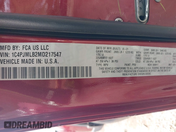 2021 Jeep Cherokee Altitude z VIN 1C4PJMLB2MD217547, wystawiony jako IAAI lot #42256241 z przebiegiem 68 479 mil mil oraz . Historia ofert i sprzedaży dostępna na DreamBid. Obrazek 9.