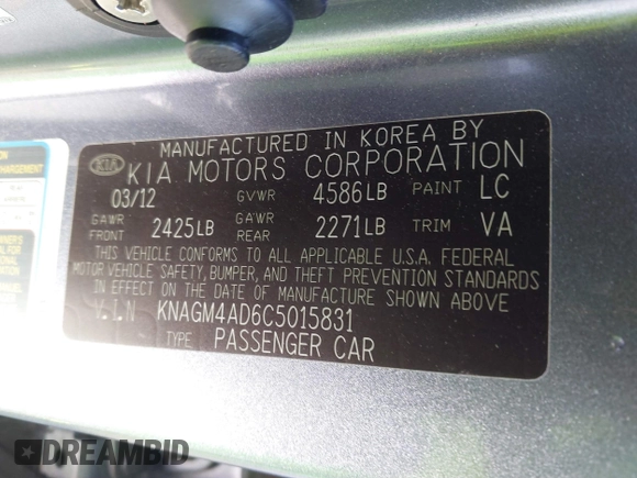 2012 Kia Optima Hybrid with VIN KNAGM4AD6C5015831, listed as a IAAI auction lot 41807913 with 156,197 mi miles. Bid and sale history available at carsss.com. Image 9.