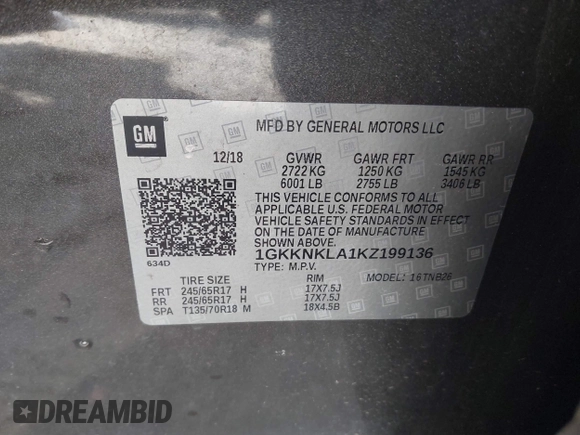 2019 GMC Acadia SLE with VIN 1GKKNKLA1KZ199136, listed as a IAAI auction lot 41596600 with 140,599 mi miles. Bid and sale history available at carsss.com. Image 9.