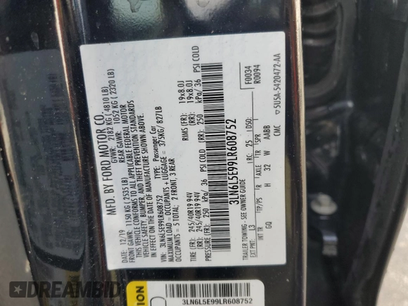 2020 Lincoln MKZ Reserve с VIN 3LN6L5E99LR608752, выставлен на аукционе Copart как лот 53827635 с пробегом 41 670 миль миль и Списание • Salvage title. История ставок и продаж доступна на DreamBid. Изображение 12.
