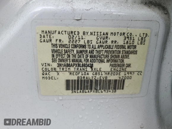 2011 Nissan Sentra SR with VIN 3N1AB6APXBL693438, listed as a Copart auction lot 54563775 with 162,789 mi miles and Salvage Title. Bid and sale history available at DreamBid. Image 12.