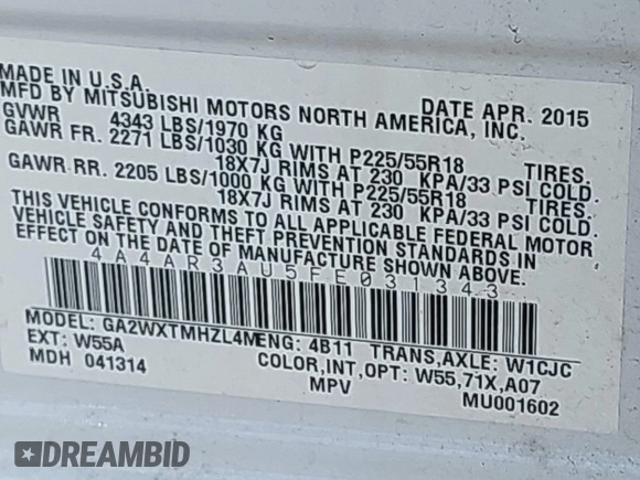 2015 Mitsubishi Outlander Sport ES with VIN 4A4AR3AU5FE031343, listed as a IAAI auction lot 42037585 with 197,233 mi miles. Bid and sale history available at carsss.com. Image 9.