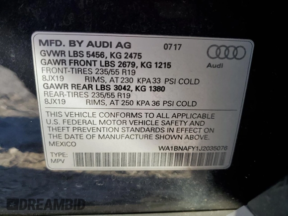 2018 Audi Q5 Premium Plus with VIN WA1BNAFY1J2035076, listed as a Copart auction lot 73202572 with 53,864 mi miles. Bid and sale history available at carsss.com. Image 13.