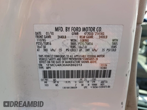 2010 Ford Escape Hybrid with VIN 1FMCU4K30AKB92313, listed as a Copart auction lot 54142145 with 159,175 mi miles and Salvage title. Bid and sale history available at DreamBid. Image 13.