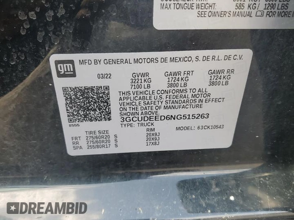 2022 Chevrolet Silverado 1500 RST with VIN 3GCUDEED6NG515263, listed as a Copart auction lot 55062765 with 100,726 mi miles and Salvage Title. Bid and sale history available at DreamBid. Image 12.