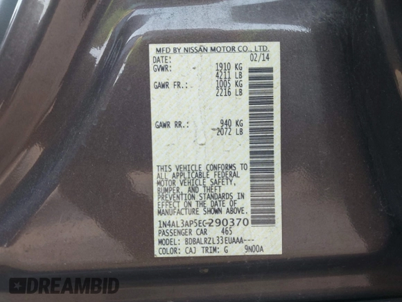 2014 Nissan Altima SV with VIN 1N4AL3AP5EC290370, listed as a IAAI auction lot 41755065 with 163,221 mi miles and . Bid and sale history available at DreamBid. Image 9.