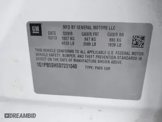 2013 Chevrolet Cruze LS with VIN 1G1PB5SH5D7231040, listed as a IAAI auction lot 40751352 with 161,922 mi miles. Bid and sale history available at carsss.com. Image 9.