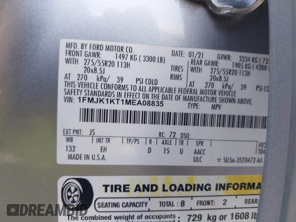2021 Ford Expedition Max Limited с VIN 1FMJK1KT1MEA08835, выставлен на аукционе IAAI как лот 40231802 с пробегом 57 414 миль миль и . История ставок и продаж доступна на DreamBid. Изображение 9.