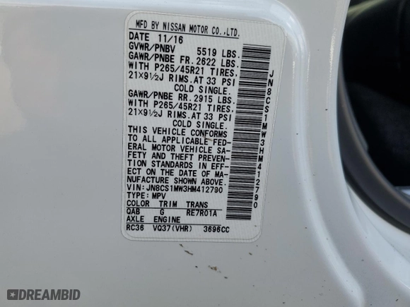 2017 Infiniti QX70 with VIN JN8CS1MW3HM412790, listed as a Copart auction lot 50051015 with 159,680 mi miles and Salvage Title. Bid and sale history available at carsss.com. Image 13.