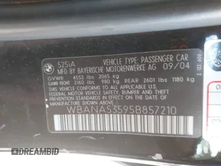 2005 BMW 5 Series 525i with VIN WBANA53595B857210, listed as a IAAI auction lot 42200171 with 321,128 mi miles and . Bid and sale history available at DreamBid. Image 9.