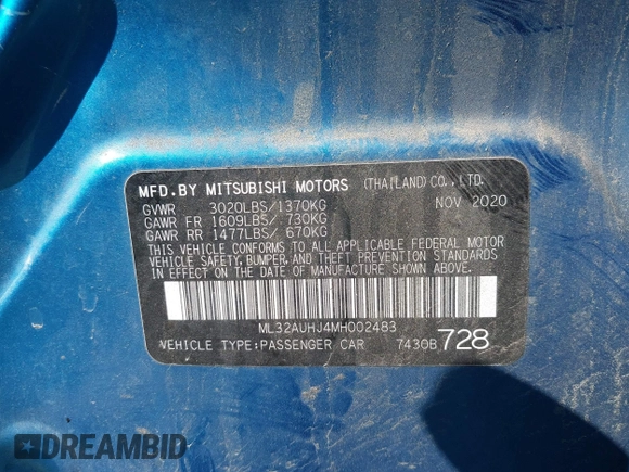 2021 Mitsubishi Mirage ES with VIN ML32AUHJ4MH002483, listed as a IAAI auction lot 42548664 with 134,915 mi miles and . Bid and sale history available at DreamBid. Image 9.