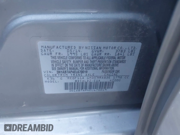2014 Nissan Sentra S with VIN 3N1AB7AP4EL670019, listed as a IAAI auction lot 40516510 with Not Provided miles and . Bid and sale history available at DreamBid. Image 9.