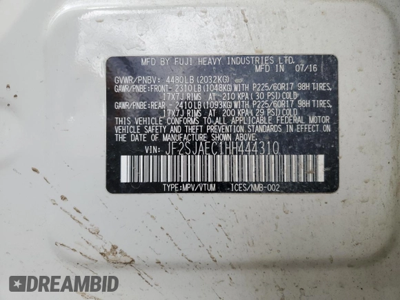 2017 Subaru Forester Premium with VIN JF2SJAEC1HH444310, listed as a Copart auction lot 52198125 with 107,041 mi miles and Salvage Title. Bid and sale history available at DreamBid. Image 15.