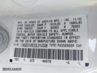 2003 Honda Civic LX with VIN 1HGES16523L014348, listed as a IAAI auction lot 42015881 with 271,832 mi miles. Bid and sale history available at carsss.com. Image 9.