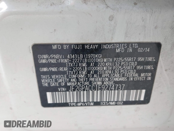 2014 Subaru Crosstrek Premium with VIN JF2GPACC1E9274737, listed as a IAAI auction lot 41238613 with 181,561 mi miles and . Bid and sale history available at DreamBid. Image 9.