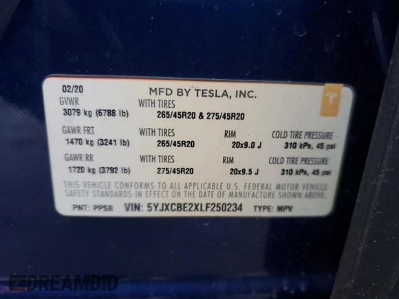 2020 Tesla Model X Long Range with VIN 5YJXCBE2XLF250234, listed as a Copart auction lot 42236365 with 63,401 mi miles and Non Repairable. Bid and sale history available at carsss.com. Image 14.