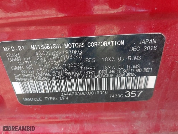 2019 Mitsubishi Outlander Sport ES 2.0 with VIN JA4AP3AU6KU019046, listed as a IAAI auction lot 41834727 with 78,357 mi miles. Bid and sale history available at carsss.com. Image 9.