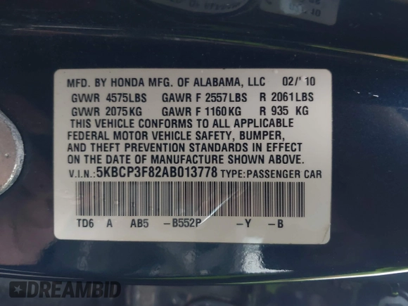 2010 Honda Accord EX-L with VIN 5KBCP3F82AB013778, listed as a IAAI auction lot 41617949 with 175,142 mi miles and . Bid and sale history available at DreamBid. Image 9.