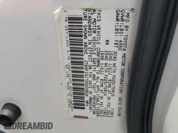 1999 Lexus RX 300 with VIN JT6HF10U7X0009824, listed as a Copart auction lot 52953135 with 180,006 mi miles and Salvage Title. Bid and sale history available at DreamBid. Image 13.
