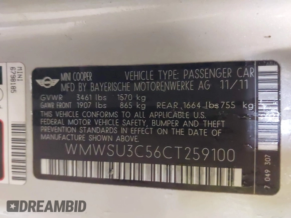 2012 MINI Hardtop with VIN WMWSU3C56CT259100, listed as a IAAI auction lot 41483347 with 83,068 mi miles and . Bid and sale history available at DreamBid. Image 9.