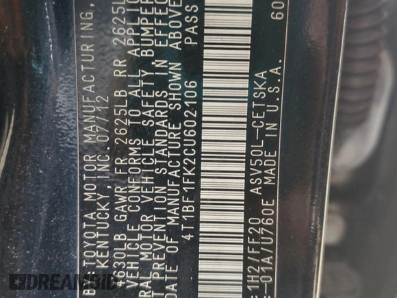 2012 Toyota Camry L with VIN 4T1BF1FK2CU602106, listed as a Copart auction lot 53954475 with 122,391 mi miles and Salvage Title. Bid and sale history available at carsss.com. Image 13.