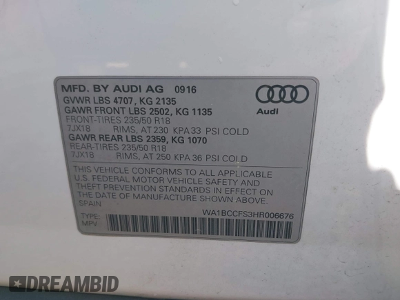 2017 Audi Q3 Premium with VIN WA1BCCFS3HR006676, listed as a IAAI auction lot 41586016 with 73,461 mi miles and . Bid and sale history available at DreamBid. Image 9.