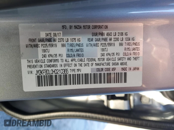 2017 Mazda CX-5 Grand Touring with VIN JM3KFBDL0H0210365, listed as a Copart auction lot 89096995 with 52,549 mi miles and Salvage Title. Bid and sale history available at carsss.com. Image 13.