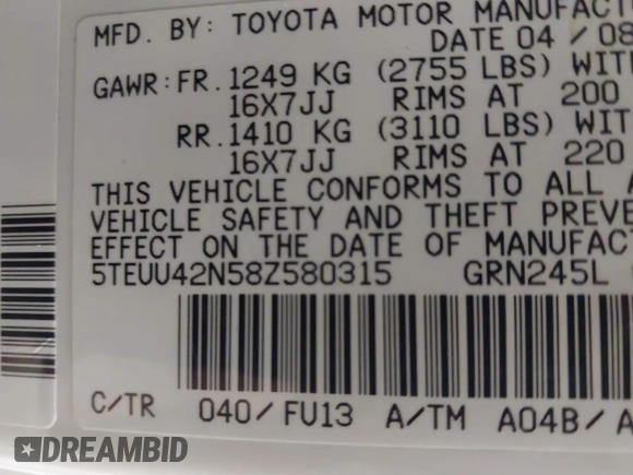 2008 Toyota Tacoma with VIN 5TEUU42N58Z580315, listed as a IAAI auction lot 41059647 with 109,478 mi miles and . Bid and sale history available at carsss.com. Image 9.