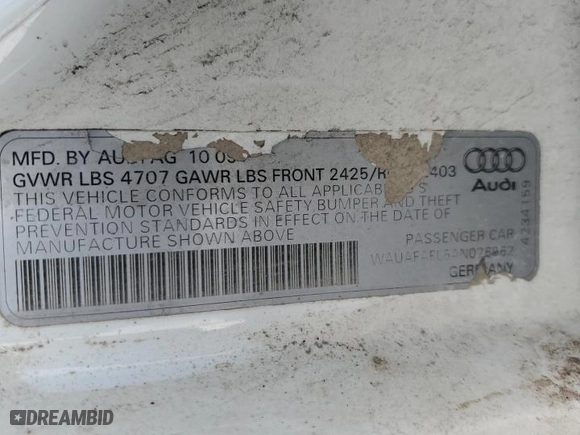 2010 Audi A4 2.0T Premium with VIN WAUAFAFL5AN026962, listed as a Copart auction lot 43052595 with 0 mi miles and Clean Title. Bid and sale history available at carsss.com. Image 12.