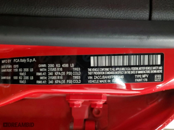 2015 Jeep Renegade Sport with VIN ZACCJBAH0FPB61440, listed as a Copart auction lot 56646144 with 115,687 mi miles. Bid and sale history available at carsss.com. Image 13.