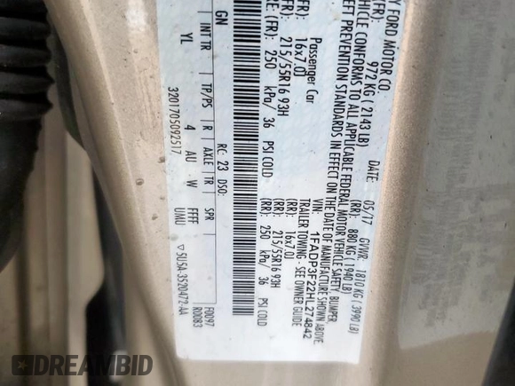 2017 Ford Focus SE with VIN 1FADP3F22HL274842, listed as a Copart auction lot 60970745 with 154,210 mi miles and Salvage title. Bid and sale history available at DreamBid. Image 13.